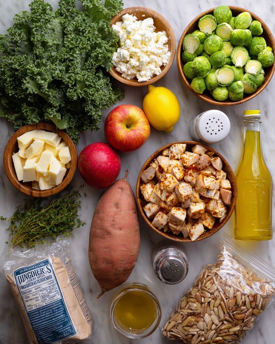 The image shows a flat lay of fresh and cooked ingredients arranged neatly on a white marbled surface. From left to right, there are fresh green kale leaves with curly texture, next to two wooden bowls—one filled with white crumbled cheese and the other with bright green Brussels sprouts. Above and near the bowls are some sprigs of fresh green herbs. In the center, there are two shiny red apples and a smooth bright yellow lemon next to a large sweet potato with a rough orange skin. To the right, a wooden bowl holds layers of diced cooked chicken, showing a mix of white and golden-brown pieces with a slightly grilled texture. Beside this are a small clear pepper grinder, a white bowl containing golden yellow olive oil, and a transparent bag of slivered almonds with beige nuts visible inside. On the far right, there is a clear bottle of Dijon mustard in pale yellow and a plastic bottle of honey in amber color with a yellow cap. At the bottom center is a grey bag of Lundberg Wild Blend rice with white and brown grains pictured on it. Photo taken with an iphone --ar 4:5 --v 7