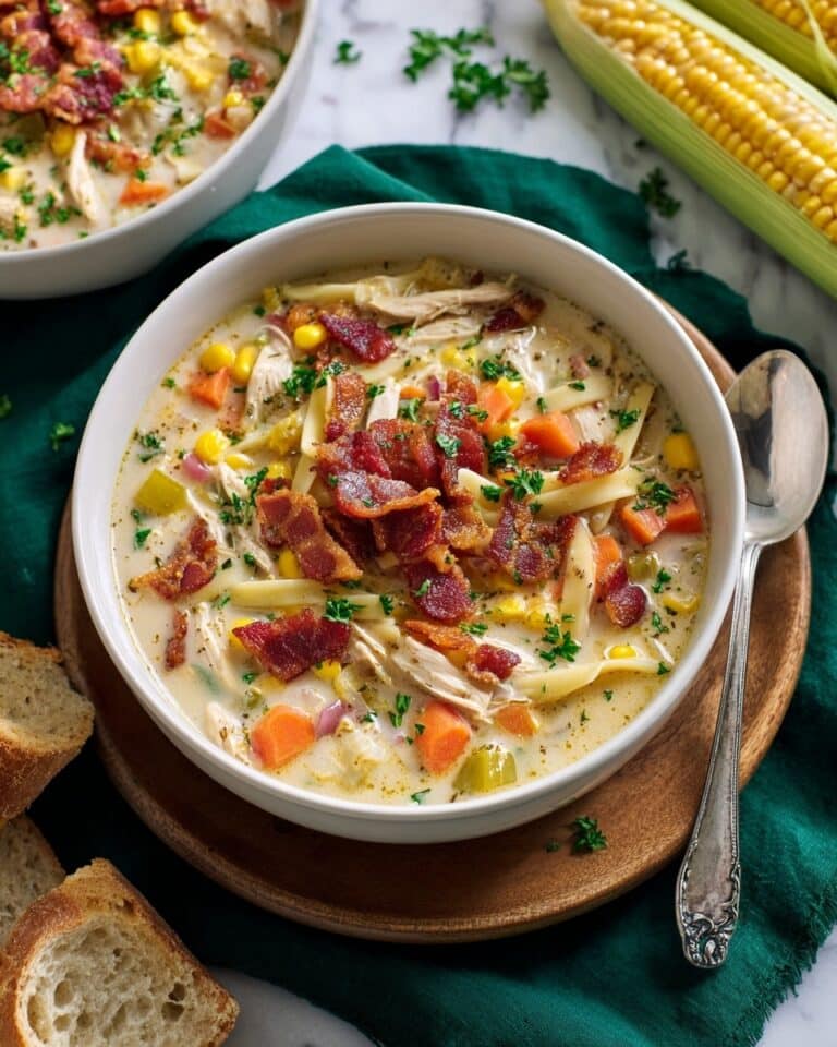 Creamy Chicken Corn Soup with Noodles and Bacon Recipe