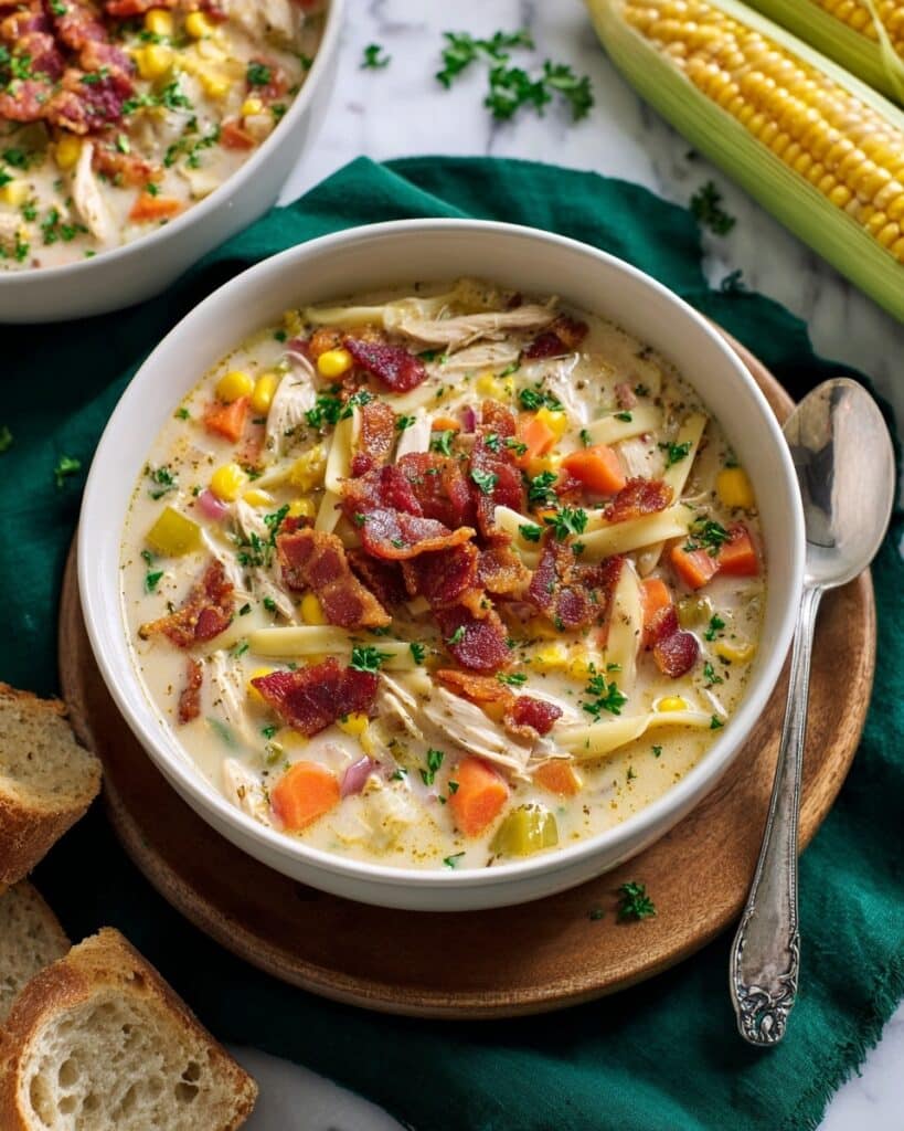 Creamy Chicken Corn Soup with Noodles and Bacon Recipe
