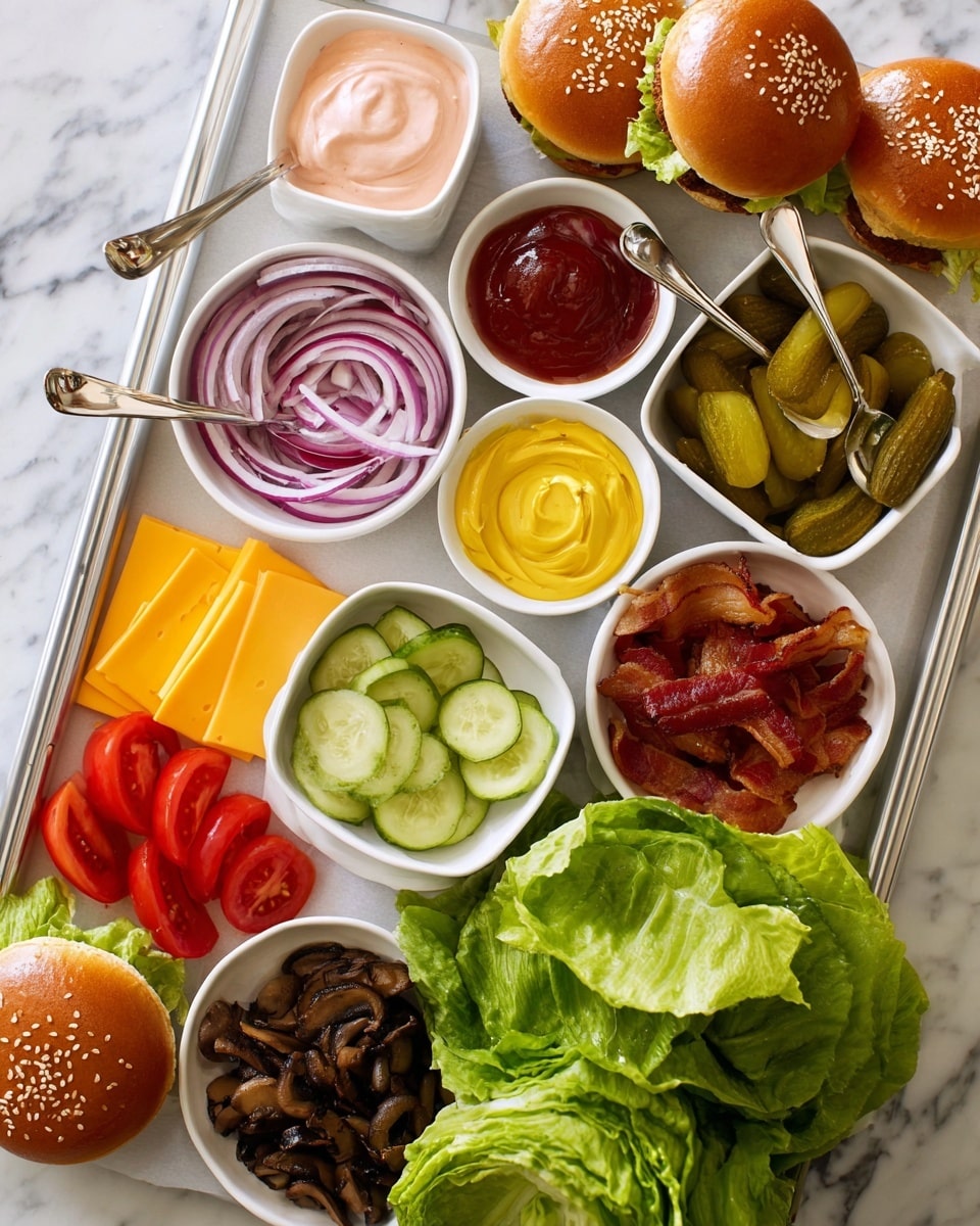 A white tray holds multiple small white bowls and plates with different burger toppings arranged neatly. Starting from the top left, there is a bowl of light pink sauce, below it a bowl of dark red ketchup, then a bowl of bright yellow mustard with two silver spoons. In the center, there is a bowl filled with rings of purple and white onion. Next to it on the right is a bowl of thinly sliced pale green avocado. Below are several slices of green pickles in a square dish, to their right is a bowl filled with crispy cooked brown bacon strips, and below that a bowl with sautéed dark brown mushrooms. Below the pickles is a bowl of bright red tomato slices, and to the left of the tray are several slices of orange cheddar cheese fanned out. Around the tray, on a white marbled surface, are several golden brown burger buns, some with sesame seeds on top and some plain. A large bunch of fresh green lettuce leaves is also placed on the tray near the center. photo taken with an iphone --ar 4:5 --v 7