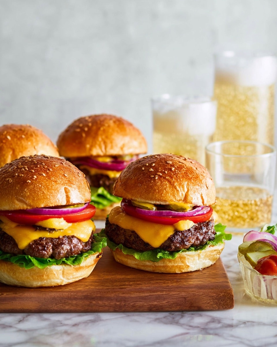 The image shows four cheeseburgers arranged on a wooden board placed on a white marbled surface. Each burger has three main layers inside a shiny, golden-brown sesame seed bun: bright green lettuce at the bottom, a thick grilled beef patty topped with melted bright orange cheddar cheese, and slices of fresh red tomato, purple onion rings, and light green pickle slices on top, finished with ketchup and mustard adding red and yellow colors. In the background, two clear glass cups are visible, one filled with a golden fizzy drink being poured, and the other already filled with a frothy foam head. The scene has a clean and fresh look with soft natural lighting. Photo taken with an iphone --ar 4:5 --v 7
