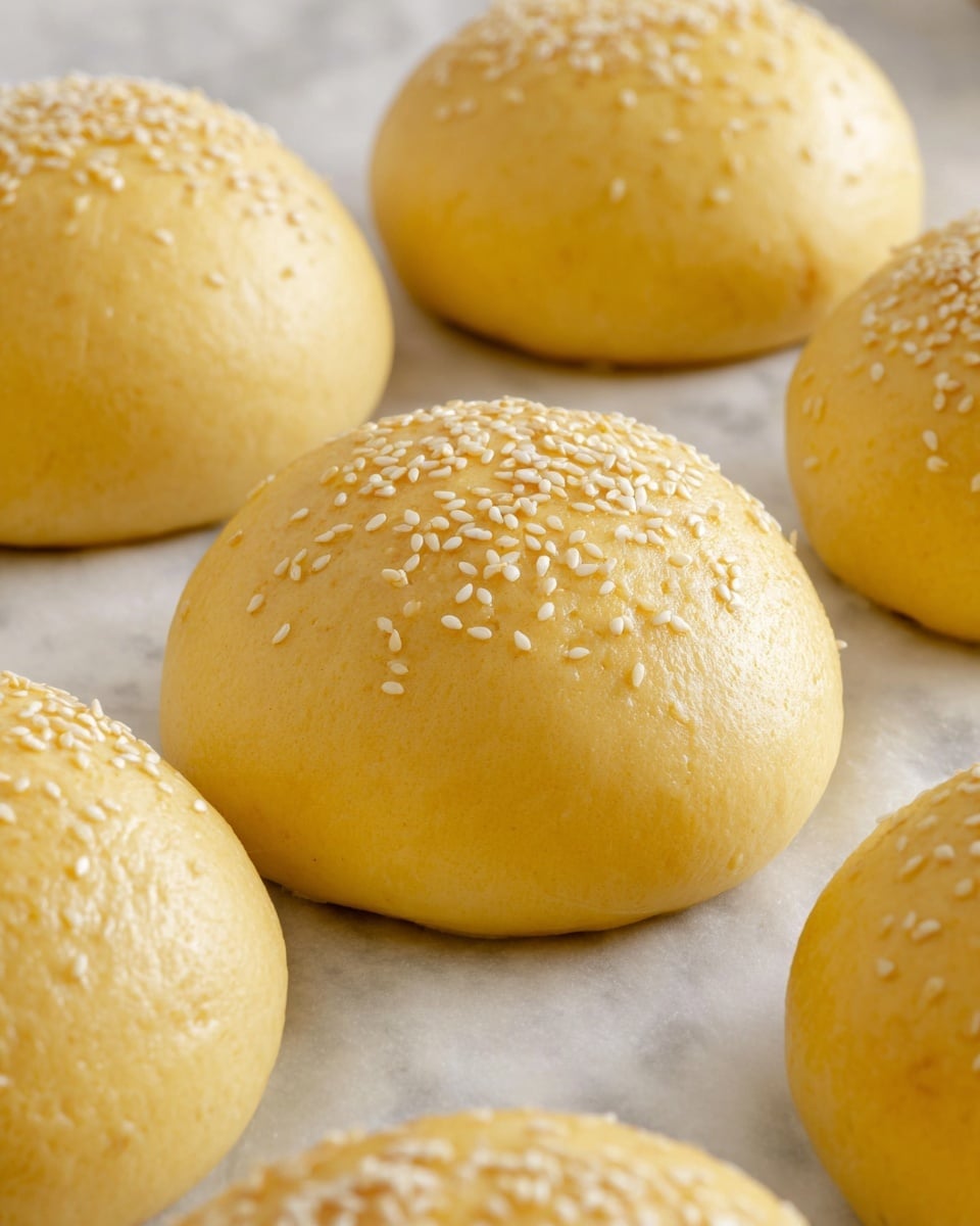 The image shows several round dough balls arranged closely on a white marbled surface. Each dough ball has a smooth, slightly shiny yellowish surface, with some sprinkled evenly with white sesame seeds on top. The dough balls are plump and soft looking, casting gentle shadows on the white marbled surface. The focus is on the front dough balls, with the ones in the background softly blurred. photo taken with an iphone --ar 4:5 --v 7