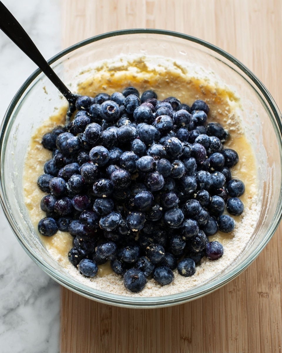 A clear glass bowl on a white marbled surface holds a batter mixture with visible flour and wet ingredients combined. On top of the batter, a large mound of fresh, plump blueberries is piled in the middle, showing deep blue and purple hues with some berries slightly shiny. A black spoon rests inside the bowl on the left side, partially in the batter. The wooden texture underneath the bowl adds contrast to the scene. Photo taken with an iphone --ar 4:5 --v 7