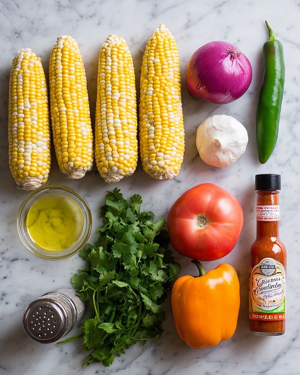 The image shows fresh cooking ingredients arranged on a white marbled surface: four ears of yellow and white corn lined up horizontally in the left half, a lime, a purple onion, a single garlic clove, and a green chili pepper from left to right across the top middle. Below them are a small glass bowl of light yellow oil, a salt and pepper grinder, a bunch of fresh cilantro with green leaves, two red tomatoes, an orange bell pepper, a bottle of chili powder, and a bottle of Valentina hot sauce on the far right. The colors are bright and natural with a clean and organized layout photo taken with an iphone --ar 4:5 --v 7