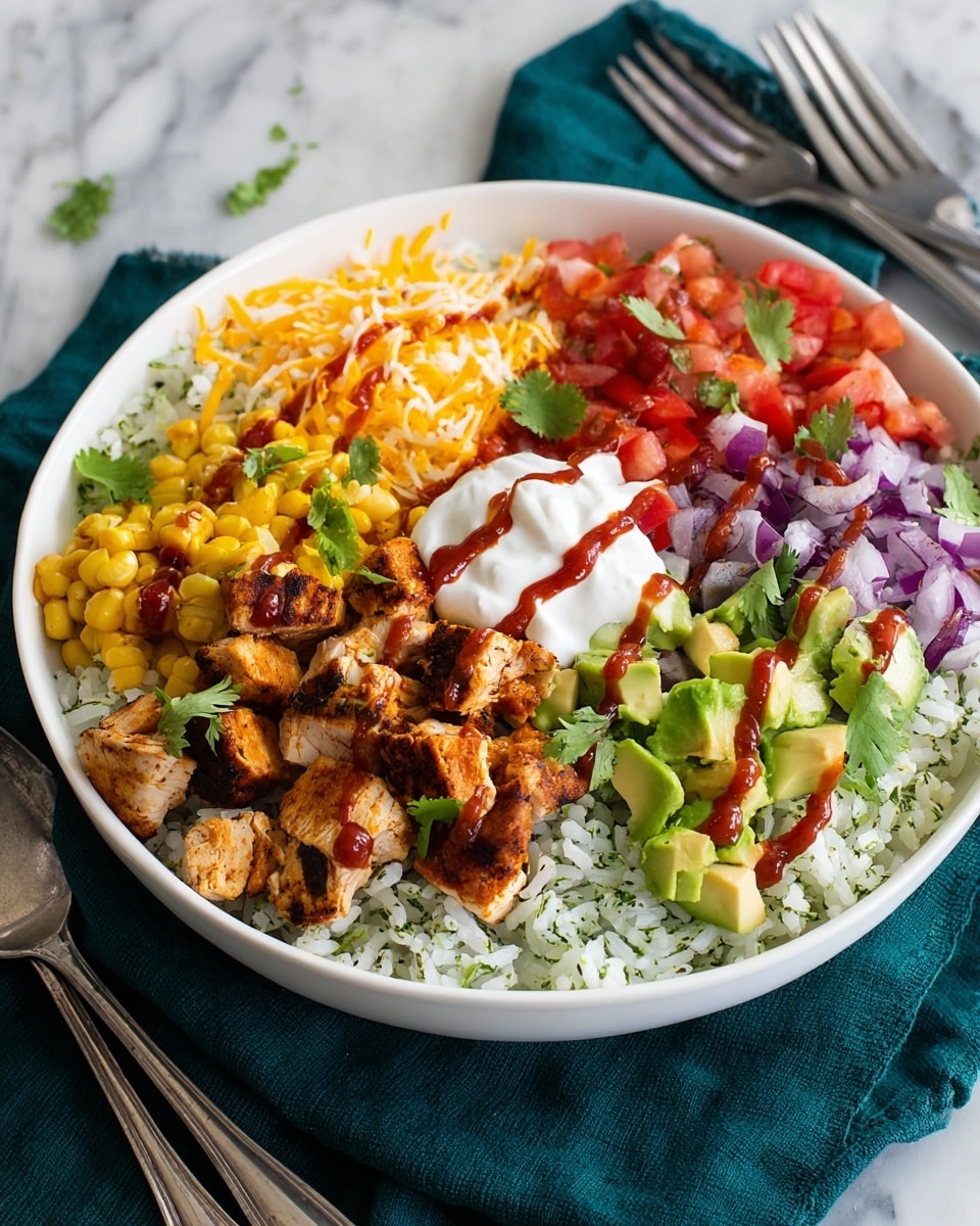 The image shows a white bowl with six layers arranged in sections on a white marbled surface. The base layer consists of white rice mixed with green herbs, covering the whole bowl. On top of the rice, from the top going clockwise, there are purple chopped onions, dark brown beans, browned pieces of chicken, bright red diced tomatoes, shredded orange cheese, and yellow grilled corn. In the center of the bowl, there is a small scoop of white sour cream with a sprig of green cilantro on top. Fresh green avocado chunks and additional cilantro leaves are placed next to the onions and corn. The bowl is set on a dark teal cloth, with parts of other similarly prepared bowls visible in the background. Photo taken with an iphone --ar 4:5 --v 7