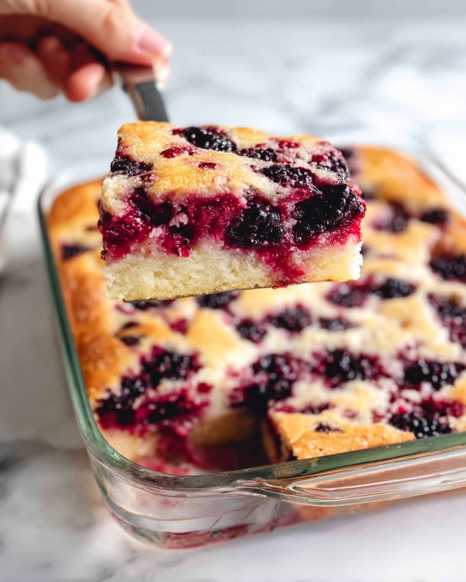 A clear glass square baking dish holds a freshly baked dessert with one visible layer, showing a golden brown cake base dotted with many dark purple blackberries lightly sunken into the surface, creating a bumpy texture. The edges of the dessert are slightly crisp and deeper brown, contrasting with the soft, lighter golden center. The dish rests on a white marbled surface. photo taken with an iphone --ar 4:5 --v 7