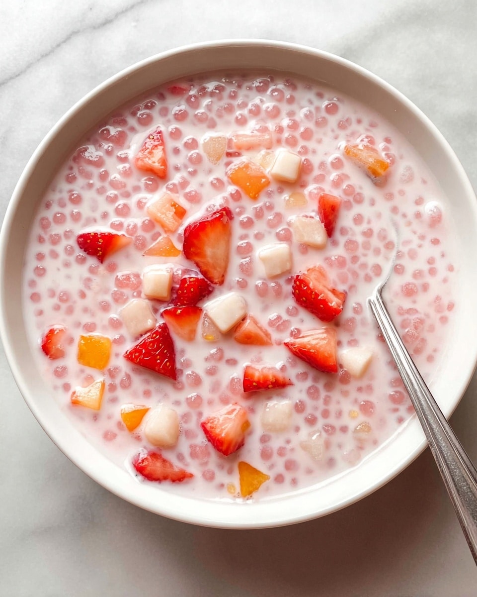 A round clear glass bowl placed on a white marbled surface filled with a single layer of light pink creamy mixture that has a bubbly, frothy texture, dotted throughout with small, uneven pieces of red and white fruit, giving a speckled effect across the entire surface. The bowl's rim is visible, showing the smooth, shiny texture of the glass. photo taken with an iphone --ar 4:5 --v 7