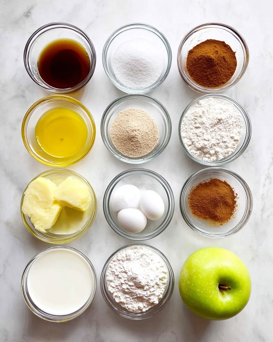 Twelve small clear glass bowls hold different ingredients arranged on a white marbled surface. The back row has four small bowls with dark brown vanilla extract, white salt, brown cinnamon powder, and white baking powder. Below them, from left to right, are a bowl of white flour, a bowl with two yellow egg yolks and whites, a shiny green apple, and a bowl of light brown sugar. The front row shows a bowl of light yellow melted butter, a bowl of white flour or powdered sugar, and a bowl of white milk. The bowls are neatly placed in three rows, reflecting soft natural light. photo taken with an iphone --ar 4:5 --v 7