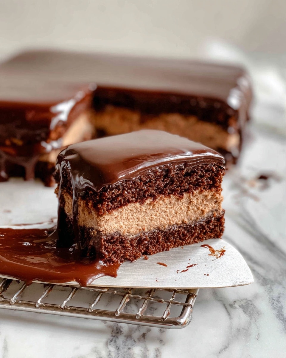 A rectangular chocolate cake with four visible layers of moist dark brown sponge and darker chocolate frosting between each layer is shown. The entire cake is covered in a smooth, shiny dark chocolate glaze that drips slightly over the sides. It rests on a wire rack placed on a metal baking tray, with some glaze pooling below the cake on the tray. The setting is on a white marbled surface with a matching white marbled background. photo taken with an iphone --ar 4:5 --v 7