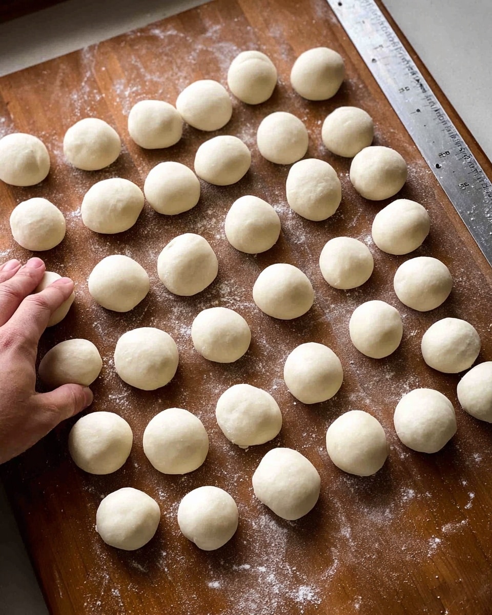 The image shows 29 small, smooth, round dough balls evenly spread out on a scratched brown cutting board. The dough balls are white and have a slightly shiny, soft texture. A woman's left hand is resting on the bottom left corner of the board, with fingers visible. In the top right corner, there is a silver metal ruler placed on the board. The whole scene is simple and focused on the dough balls ready for the next step. Photo taken with an iphone --ar 4:5 --v 7