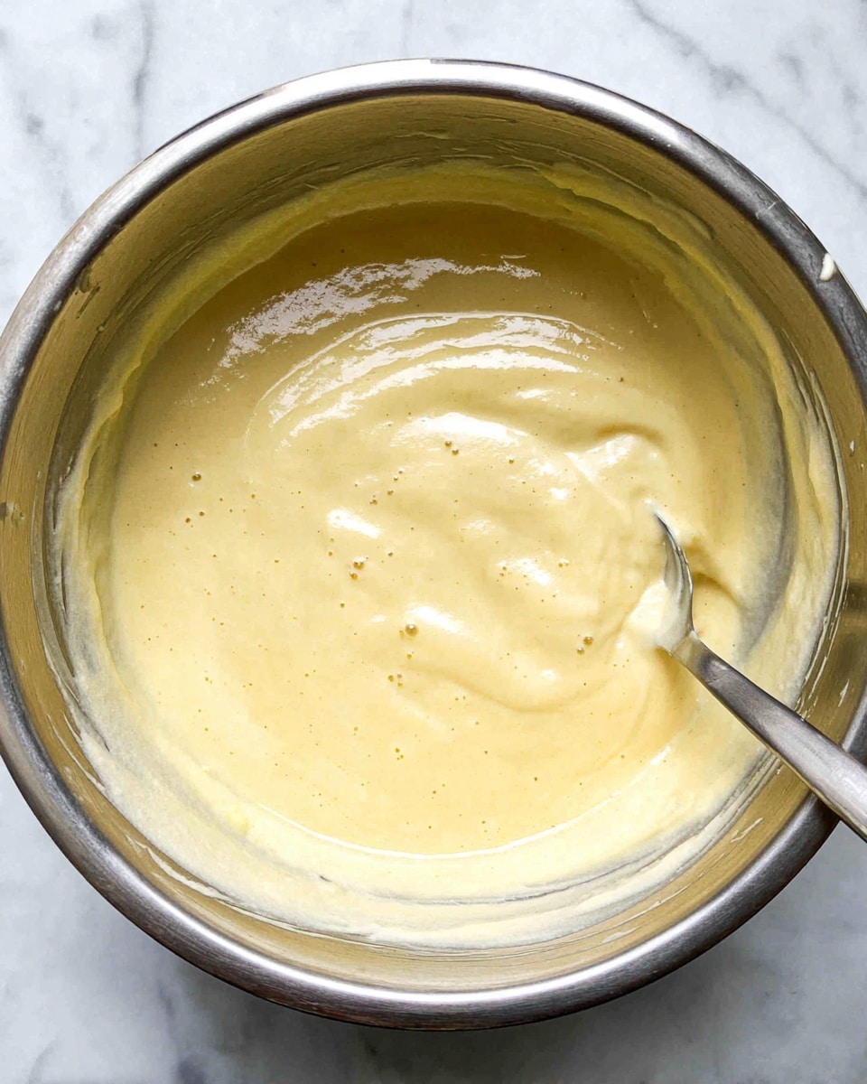 A shiny metal bowl filled with a thick, smooth, pale yellow batter with a few small bubbles on the surface. A metal spoon is partially submerged on the right side, showing that the batter is soft and creamy. The inside walls of the bowl have some batter smeared unevenly. The bowl sits on a white marbled surface. Photo taken with an iphone --ar 4:5 --v 7