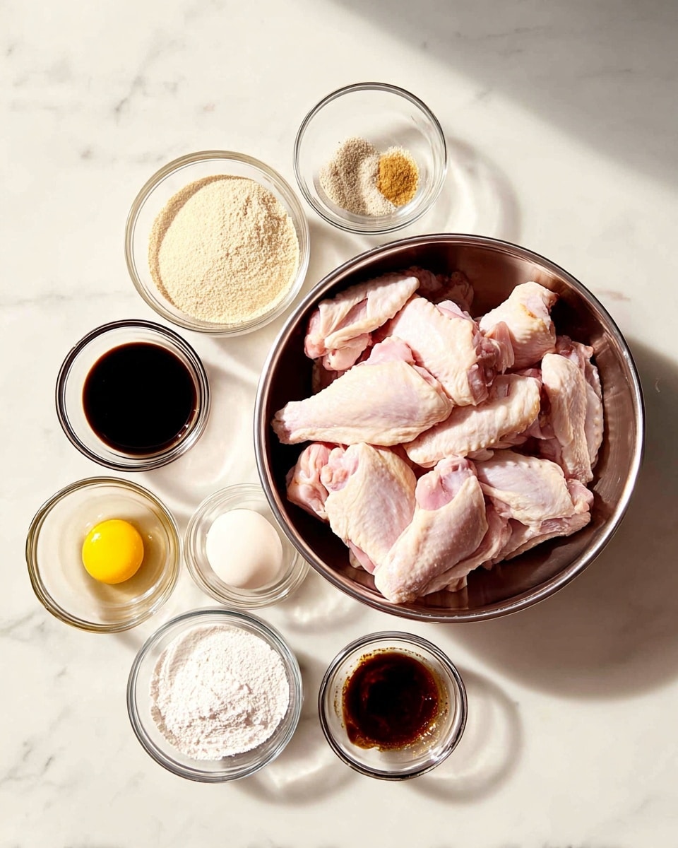 A large silver bowl on the lower right is full of pale pink raw chicken wings with smooth skin showing a mix of drumettes and wingettes. Surrounding the bowl on the left are eight small clear glass bowls arranged in two rows. The upper row has four bowls with pale beige seasoning, light beige powder, dark brown liquid, and a small amount of clear liquid, from left to right. The lower row also has four bowls with white powder, a yolk and egg white, a dark brown thick sauce, and another white powder, from left to right. All items rest on a white marbled surface with soft natural light coming from the top left. photo taken with an iphone --ar 4:5 --v 7