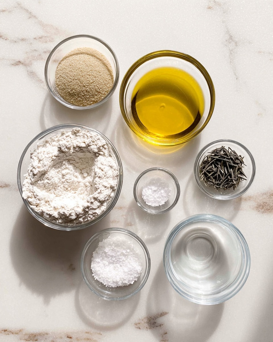 The image shows seven small clear glass bowls arranged in a loose cluster on a white marbled surface. Starting from the bottom left, there is a large bowl filled with white flour that has a soft, powdery texture and a few small indentations. Above it to the left is a small bowl filled with fine tan granules, likely yeast. Centered at the top is a medium-sized bowl containing a thick layer of olive oil, bright golden yellow in color with a smooth, glossy surface. To the top right is a small bowl with black dried herbs that look thin and stringy. Just below it, a small bowl contains white granulated salt, fine and crystalline. Below that is another small bowl with coarse white salt crystals, larger and uneven in size. On the right side, a large empty clear glass bowl adds balance to the arrangement. The lighting is soft and natural, highlighting the textures and colors of each ingredient clearly, photo taken with an iphone --ar 4:5 --v 7