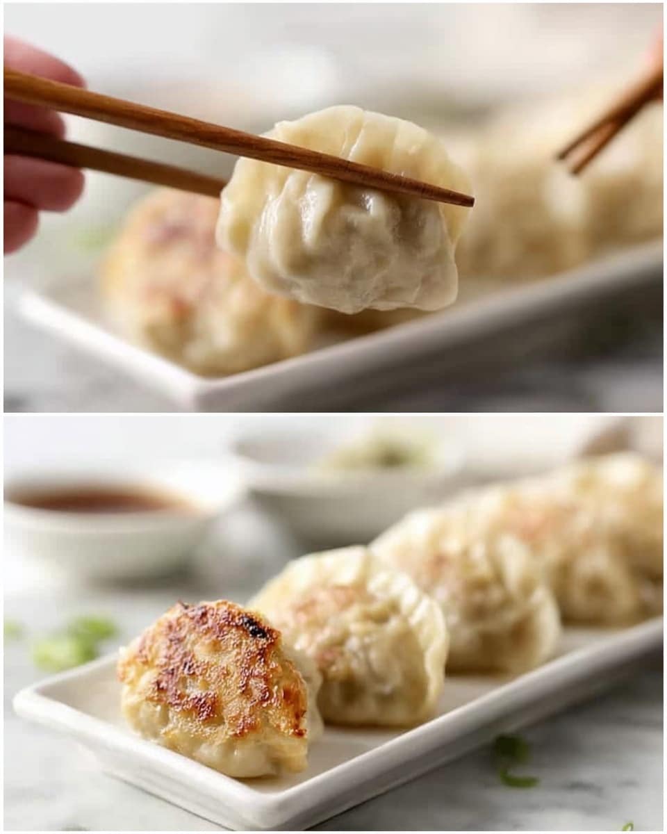 The image shows two close-up views of dumplings held by wooden chopsticks above a white rectangular plate with more dumplings. On the left, a dumpling is held gently by a woman's hand with chopsticks, showing its soft and smooth steamed surface in a pale beige color with slight wrinkles. On the right, a similar dumpling is held with chopsticks showcasing a crispy, golden-brown fried side with a textured, lightly charred crust. The plate beneath has several dumplings arranged in a line, all resting on a white marbled surface, with subtle out-of-focus green garnish or sauce containers in the background. Photo taken with an iphone --ar 4:5 --v 7