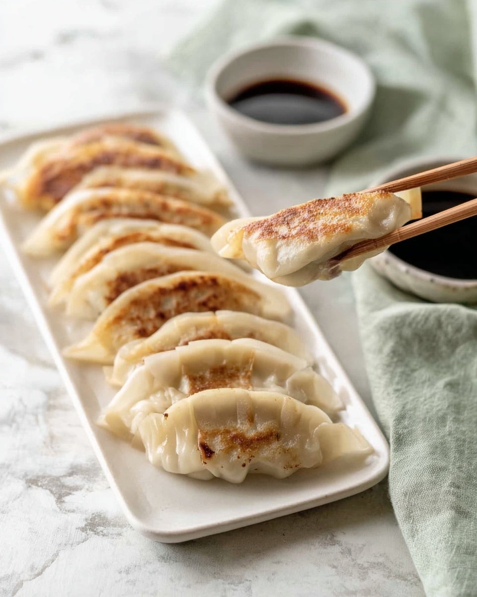 A round black slate plate holds two rows of seven pan-fried dumplings each, with crispy golden-brown spots on their light beige skins; on the right side, there is a small white bowl filled with dark soy sauce, where a woman's hand using black chopsticks dips one dumpling. Next to the bowl, shredded white cabbage and three bright red cherry tomato halves add color. In the background, a few more dumplings lie on a black rectangular plate with small dark bowls of dipping sauces. A pair of black chopsticks rests at the bottom of the image on the white marbled textured surface photo taken with an iphone --ar 4:5 --v 7