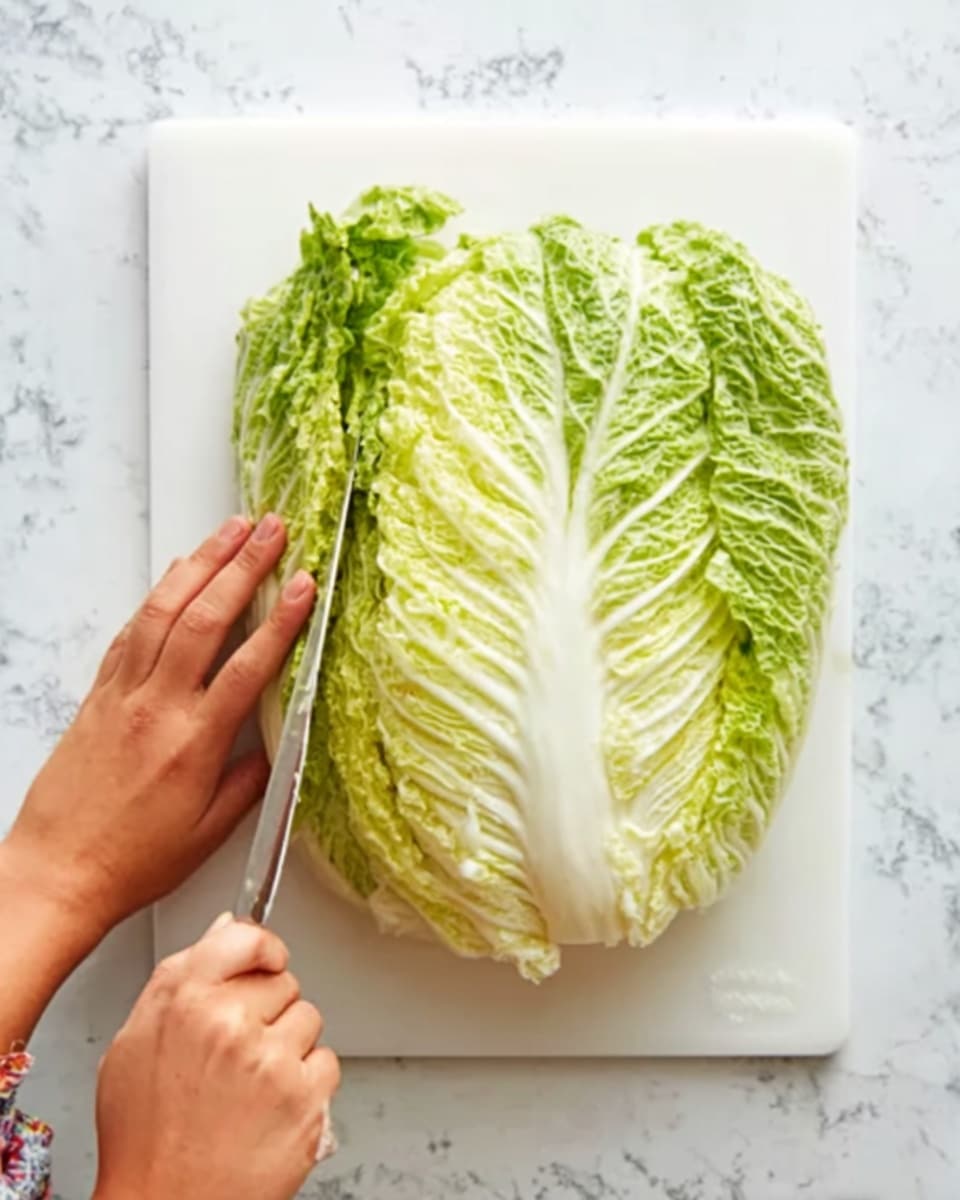 A woman’s hand holds a large green and white napa cabbage on a white cutting board, while another woman’s hand uses a knife to slice through the middle of the cabbage. The background is a white marbled surface that contrasts with the fresh green outer leaves and the pale white inner leaves. The cabbage shows clear ridges and a leafy texture, with the knife blade positioned horizontally. Photo taken with an iphone --ar 4:5 --v 7