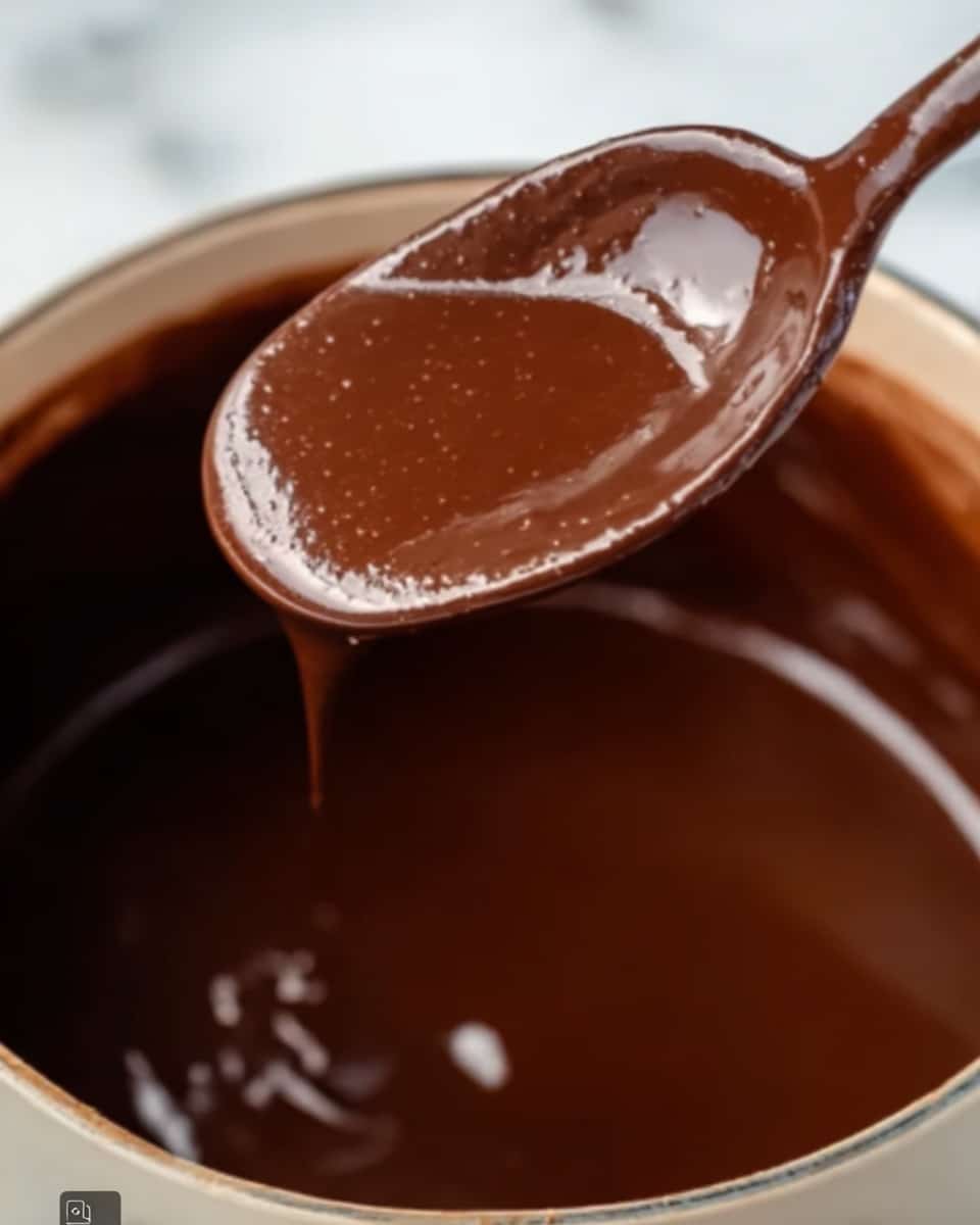 A close-up of a spoon holding thick, smooth chocolate sauce that is shiny and dark brown, dripping slightly over a pot filled with the same glossy chocolate mixture. The background is a white marbled texture. photo taken with an iphone --ar 4:5 --v 7