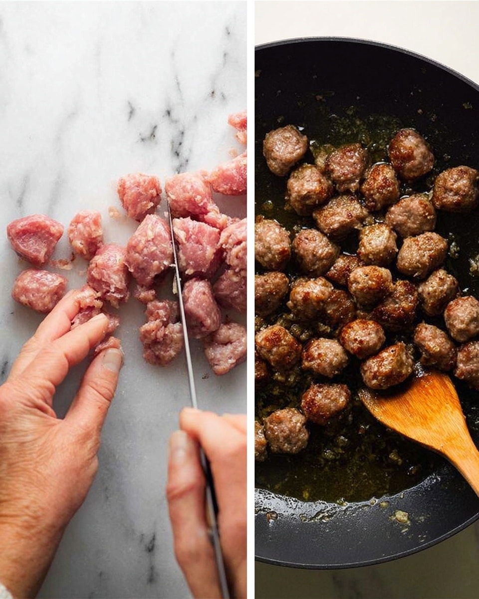 The image is split into two halves placed side by side. On the left side, a woman's hand is holding a piece of raw sausage, and another woman's hand is slicing the sausage into small, chunky pieces on a white marbled surface. The sausage pieces are pinkish with bits of seasoning visible inside. On the right side, the small sausage pieces are brown and cooked, sizzling in a black frying pan with oil that shines around the edges, and a wooden cooking utensil is stirring the meat. The contrast between raw and cooked sausage chunks is clear. Photo taken with an iphone --ar 4:5 --v 7