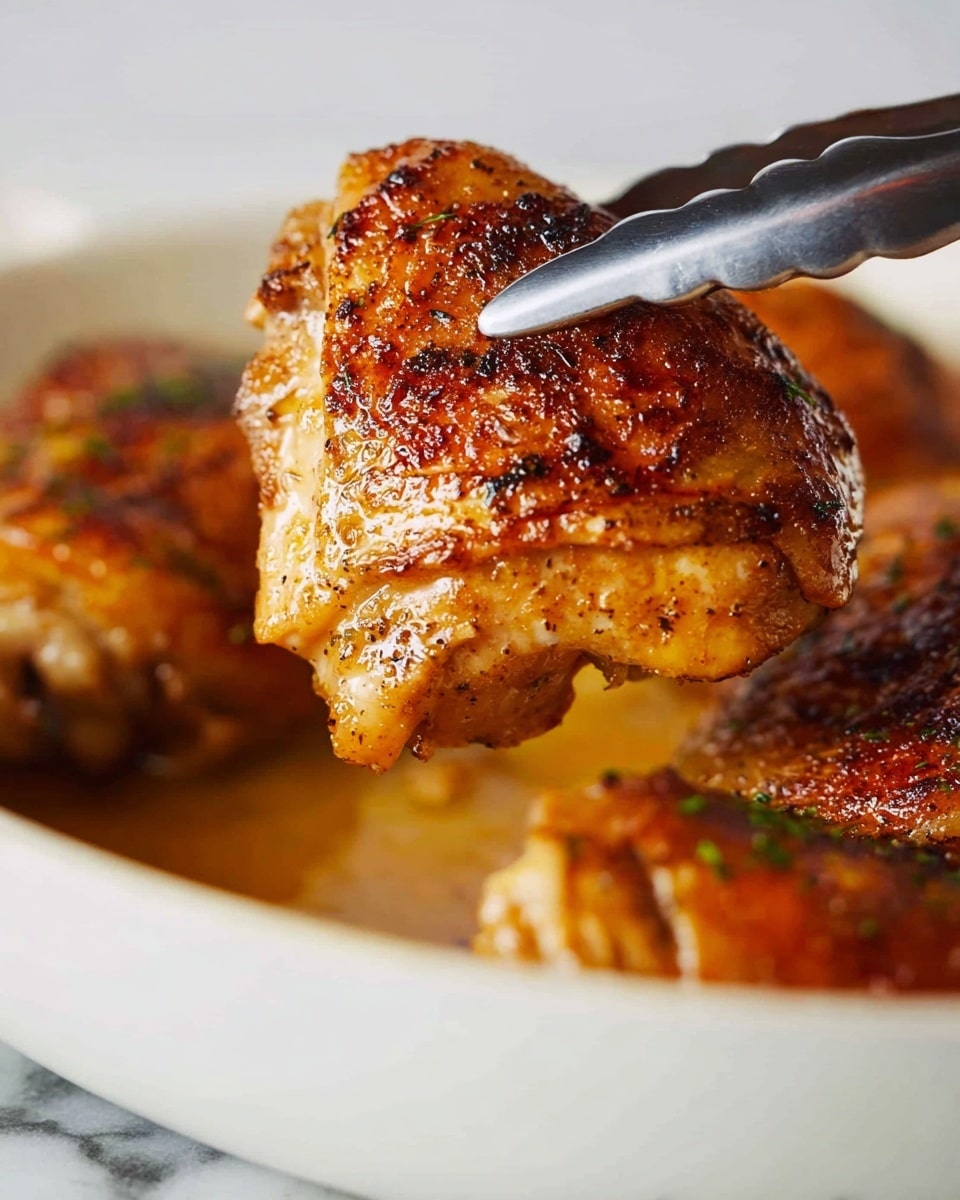 A close-up image shows a piece of golden brown roasted chicken being lifted by metal tongs, with the crisp and well-spiced skin clearly visible on top. The chicken rests in a white pan filled with a light brown sauce and other similar chicken pieces slightly blurred in the background. The surface beneath the pan is white with a marbled texture. photo taken with an iphone --ar 4:5 --v 7