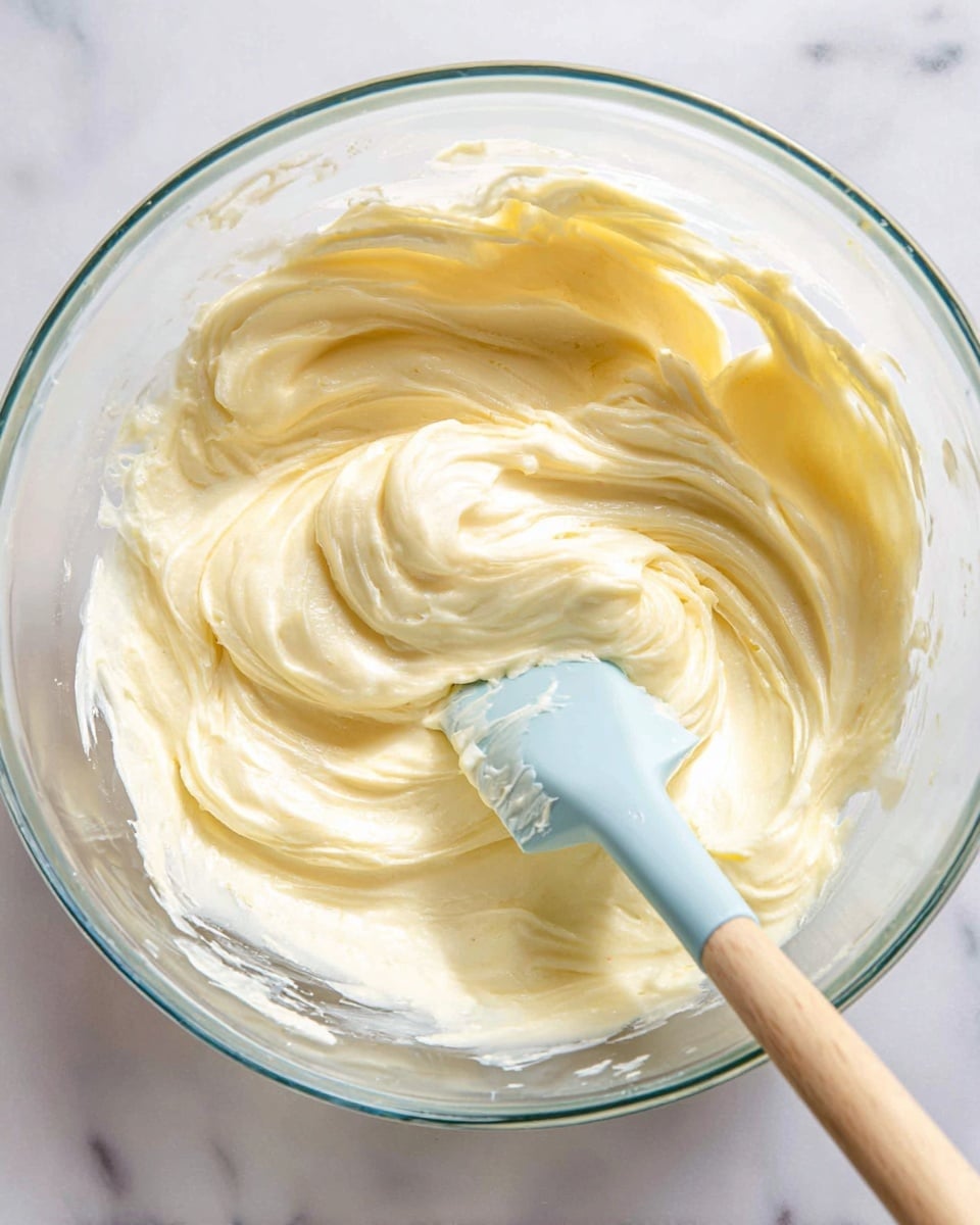 A close-up view of a clear glass bowl filled with a creamy, pale yellow mixture with a smooth and fluffy texture. The soft mixture is swirled inside the bowl, showing slight peaks and gentle folds. A spatula with a light blue silicone head and a wooden handle is resting inside the bowl, partially covered with the creamy mixture. The bowl is set on a white marbled surface. photo taken with an iphone --ar 4:5 --v 7