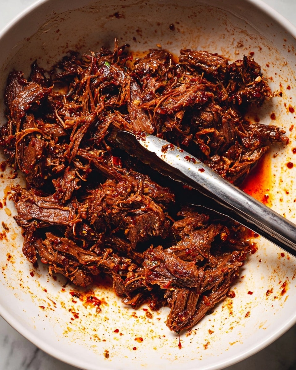 The image shows a close-up of shredded dark brown meat with a slightly glossy texture, mixed with fine strands and small chunks. The meat is placed inside a white bowl with some oil and sauce residue around the edges, adding deep reddish-brown and orange tones. A metal tong with a shiny surface is partially immersed in the meat on the right side, with some sauce splatters on it. The background is a white marbled surface. photo taken with an iphone --ar 4:5 --v 7