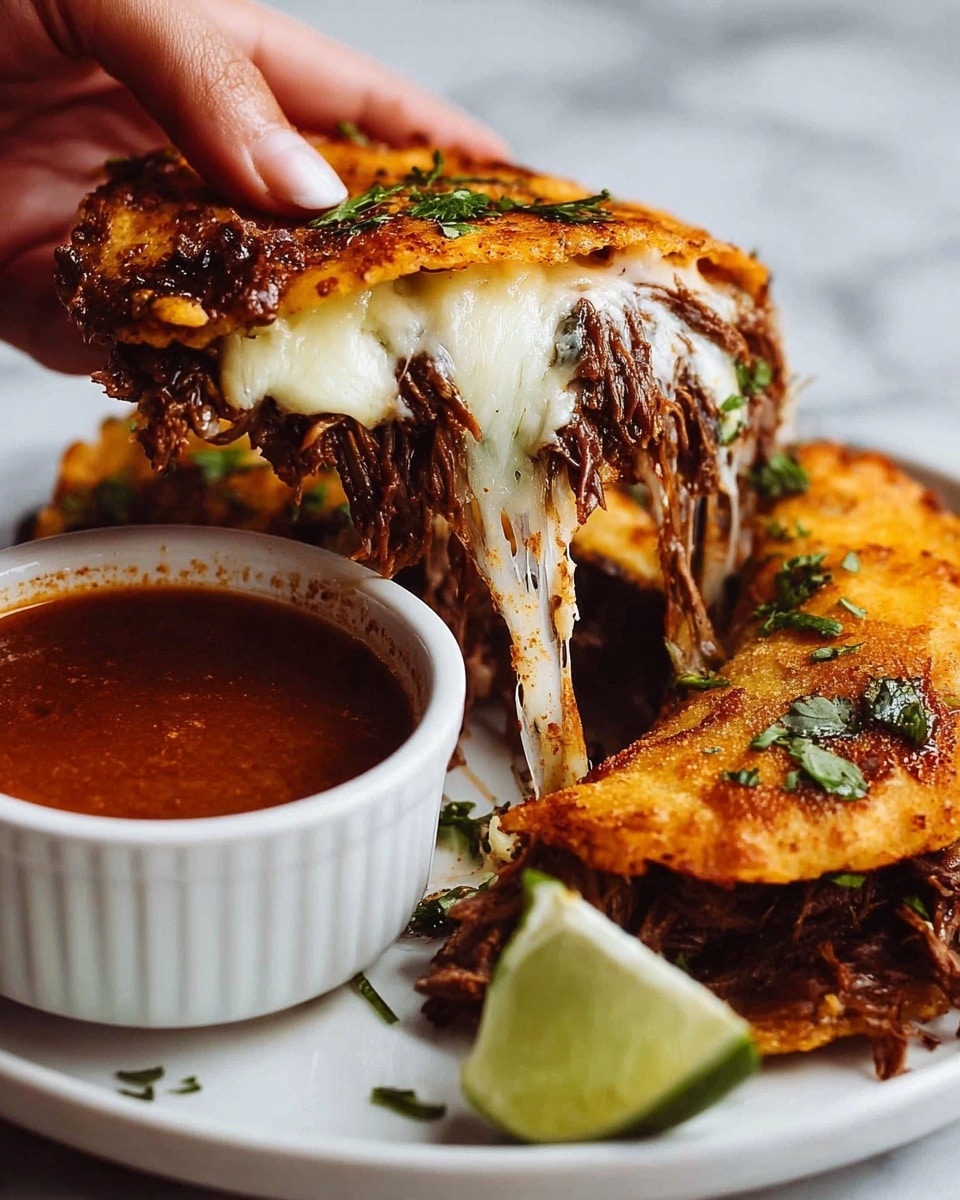 The image shows a woman’s hand lifting an open, golden-brown crispy taco filled with melted white cheese stretching out and pulled with juicy shredded dark brown meat mixed with some green herbs. The taco is resting on a white plate with another folded taco of a similar golden color filled with the same filling nearby. Next to the tacos is a white bowl filled with reddish-brown sauce, garnished with a small wedge of lime and some green herbs on the white marbled surface. photo taken with an iphone --ar 4:5 --v 7