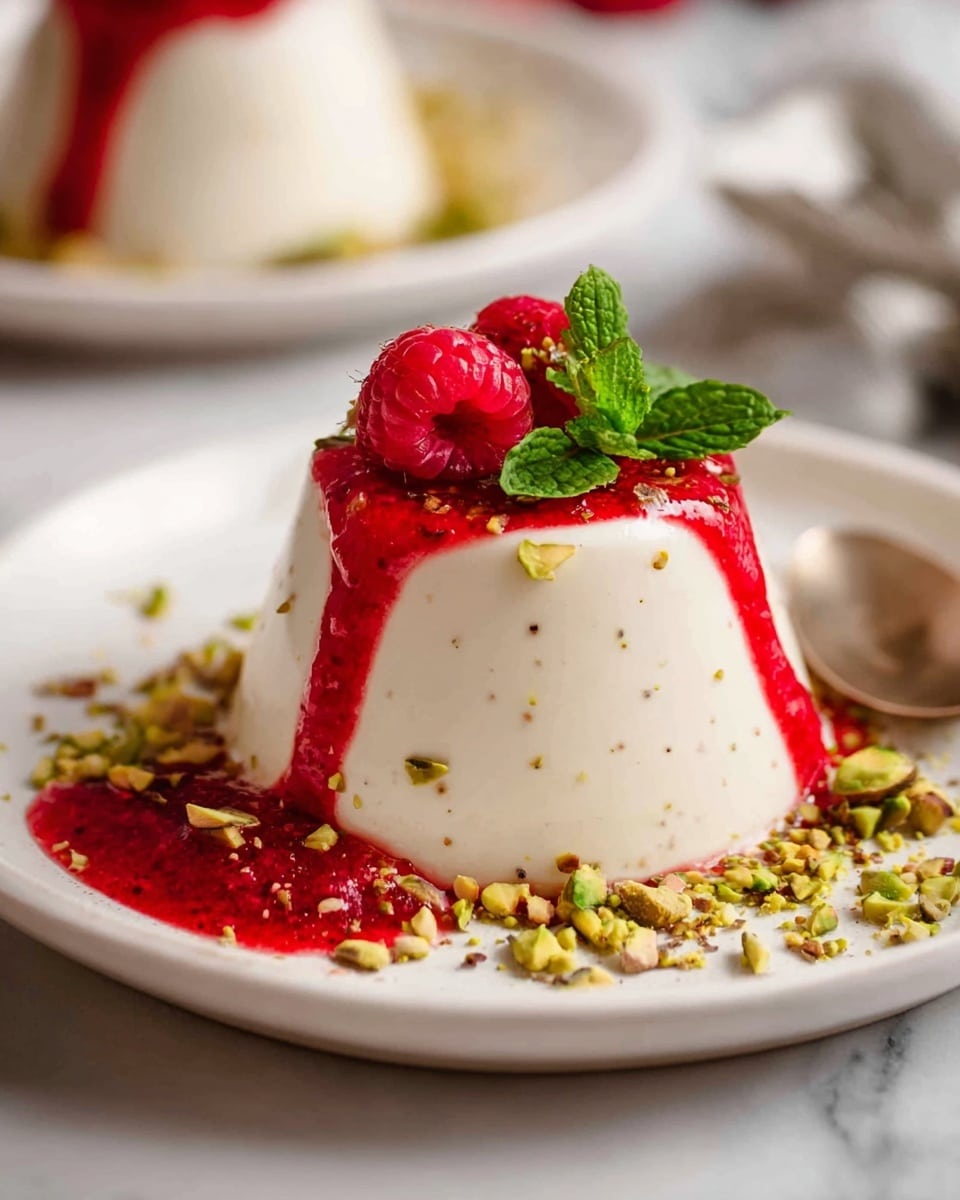 The image shows four white plates with a small dome-shaped white dessert on each. Each dessert is topped with a bright red raspberry sauce that drips down the sides. On top of the sauce, there are a few chopped green pistachios, fresh green mint leaves, and a whole red raspberry. Around the plates and on the white marbled surface, more raspberries and chopped pistachios are scattered. A silver spoon is placed next to one plate, and two golden spoons with rounded handles can be seen near the bottom left corner on a white cloth. The overall setting has soft natural light and a clean, simple look photo taken with an iphone --ar 4:5 --v 7