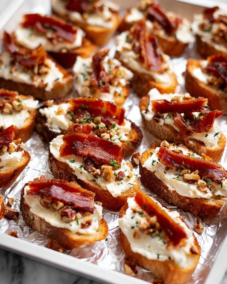 The image shows many small toasted bread pieces arranged closely on a white tray with foil edges. Each toasted bread slice is topped with a creamy white cheese layer that looks smooth and soft. On top of the cheese, there is a thin strip of crispy, reddish-brown cured meat. Small bits of green herbs and tiny pieces of nuts are scattered over the cheese and meat, adding texture and color. The background surface is white marble, giving a clean, bright look to the scene. photo taken with an iphone --ar 4:5 --v 7