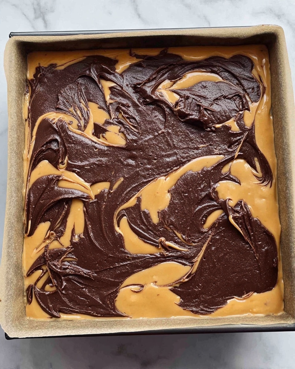 The image shows a square baking pan lined with parchment paper filled with a two-layer dessert mixture. The bottom layer is a smooth, light caramel-colored batter that covers the whole pan evenly. On top, there are thick, dark brown patches of chocolate batter spread unevenly in large, rough swirls across the caramel layer, creating a marbled look. The texture of the chocolate batter looks thick and slightly glossy, contrasting with the smooth caramel layer beneath. The pan sits on a white marbled surface. photo taken with an iphone --ar 4:5 --v 7