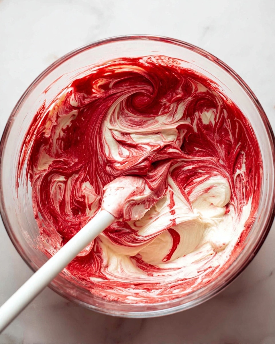 A glass bowl filled with a mix of two main layers, one bright red and one creamy white, swirled together with a smooth, fluffy texture. The red is vibrant and thick, creating swirling patterns with the soft white layer throughout the bowl. A white spatula is partially covered with the mix, resting inside the bowl on the left side. The bowl is placed on a white marbled surface, highlighting the rich contrast between the red and white colors. photo taken with an iphone --ar 4:5 --v 7