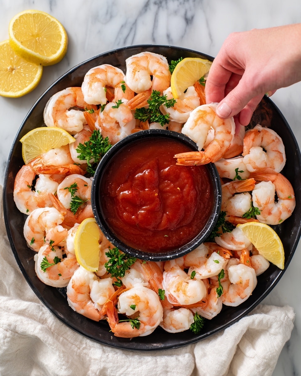 A black round plate is filled with two layers of pink and white cooked shrimp arranged in a circle around a small black bowl of red cocktail sauce in the middle. Green parsley sprigs are placed evenly among the shrimp for decoration. Two yellow lemon slices sit on the side of the shrimp near the front of the plate. A woman's hand is holding one shrimp dipped into the sauce above the bowl. The plate is on a white marbled surface with a white cloth underneath slightly visible. Photo taken with an iphone --ar 4:5 --v 7