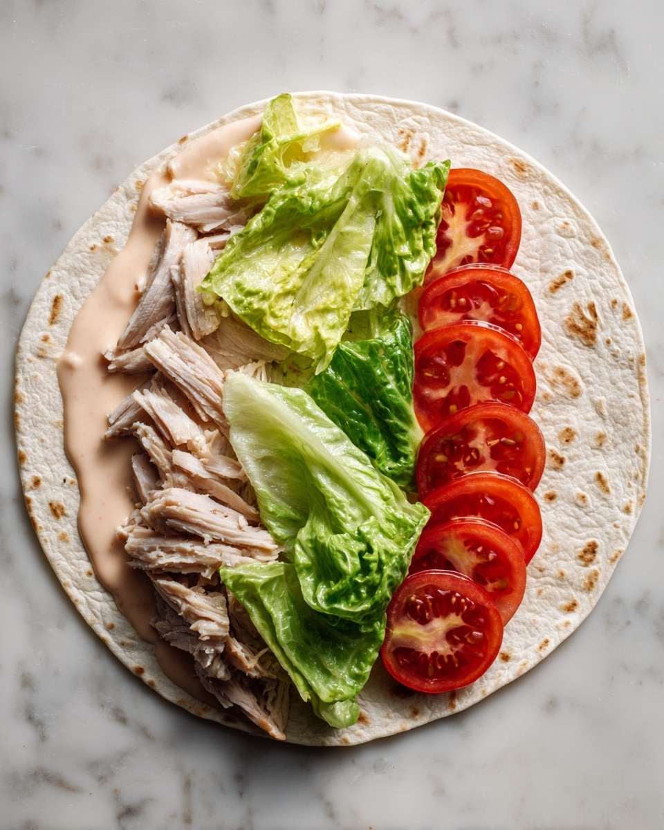 A tortilla wrap is open flat on a white marbled surface with one edge slightly folded up. The first layer on the tortilla is a thin spread of light pink sauce along the top edge. Next, there is a layer of pale beige sliced meat covering most of the tortilla. On top of the meat, there are bright green, crisp Romaine lettuce leaves placed horizontally in two strips. At the bottom, near the fold, red tomato slices are lined in a row, their juice and seeds clearly visible. The texture of the tortilla is soft with some light brown spots. Photo taken with an iphone --ar 4:5 --v 7