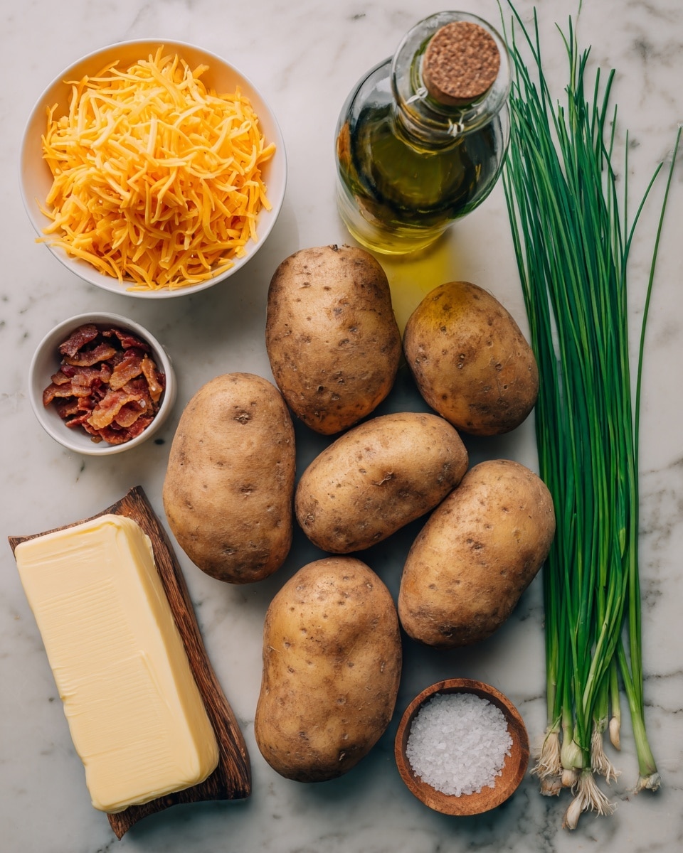 The image shows six raw potatoes with rough brown skin arranged in two rows of three at the center. To the top right of the potatoes, there are fresh green chives, some whole and some slightly trimmed, extending diagonally. On the far right, a tall green-tinted bottle of extra virgin olive oil stands upright. To the top left of the potatoes, white bowls filled with finely shredded orange cheddar cheese and crispy bacon bits sit side by side. Below the bacon bowl, a rectangular stick of salted sweet cream butter with a smooth yellow surface rests beside a small wooden spoon holding coarse white salt crystals. All items are placed on a white marbled surface. photo taken with an iphone --ar 4:5 --v 7