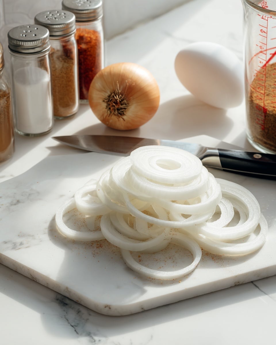 Several freshly sliced white onion rings lie on a clean white cutting board set on a white marbled surface. To the right, a stack of thick white onion slices is neatly arranged near the tip of a shiny silver knife with a black handle. Behind the cutting board, various kitchen items are visible, including a whole onion with light yellow skin, three clear spice jars filled with white, orange, and red powders, a white egg, a glass measuring cup with a red scale marking, and a large container filled with a tan-colored ingredient. The light in the scene is bright and natural, giving the white layers a translucent and fresh appearance. Photo taken with an iphone --ar 4:5 --v 7