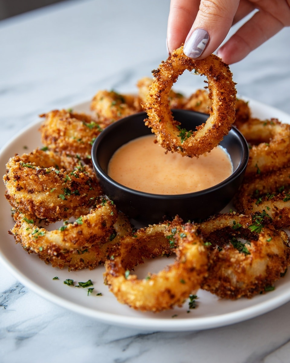 A close-up shot shows a woman's hand holding a golden brown, crispy onion ring with a crunchy texture and a light coating of breading. The onion ring is thick and the inside shows a pale, soft onion layer. Below are more onion rings lying in a pile on a white plate. In the background, there is a small black bowl filled with creamy orange dipping sauce. A few green herb leaves are scattered around the onion rings for garnish. The surface beneath the plate has a white marbled texture. photo taken with an iphone --ar 4:5 --v 7