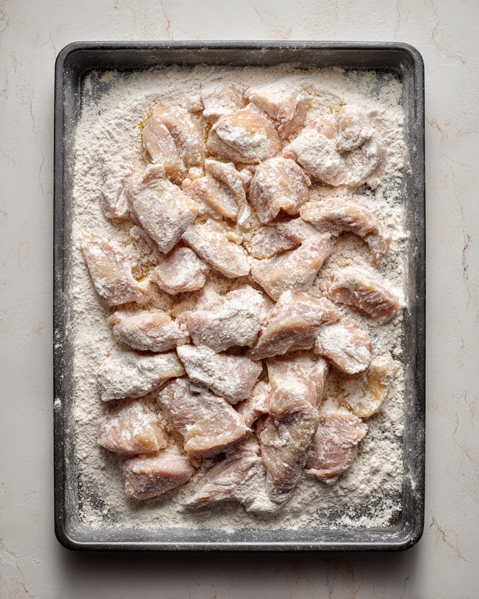 A dark gray baking tray lies flat on a white marbled surface, filled with many small, thin pieces of raw meat, each coated thickly in white flour. The meat pieces are arranged loosely with some overlapping, and flour is scattered unevenly across the tray and meat, creating a rough texture. The colors mainly include the pale pinkish-beige of the meat under a dull white layer of flour, giving a powdery look overall. Photo taken with an iphone --ar 4:5 --v 7