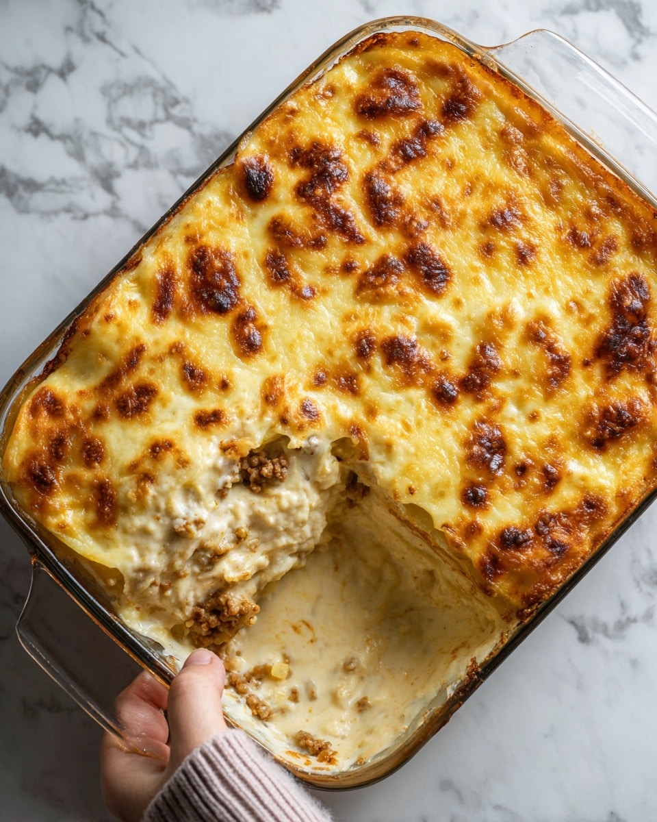 A glass baking dish filled with a layered potato casserole, showing three main layers of round potato slices with light yellow and orange colors from melted cheese. The top layer is bubbling golden brown cheese with a slightly crispy texture and small browned spots. The potato slices underneath look soft and creamy with some visible sauce around the edges. The dish sits on a white marbled surface, creating a clean background. photo taken with an iphone --ar 4:5 --v 7