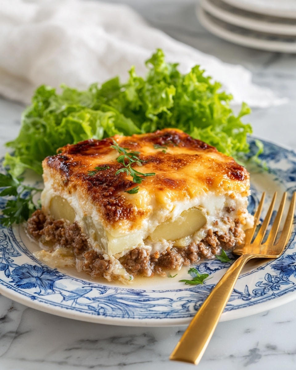 The image shows a rectangular glass baking dish filled with a layered casserole. The top layer is melted cheese with a golden yellow color and some darker browned spots scattered across the surface. Below the cheese is a creamy, light beige sauce mixed with visible small pieces of ingredients, possibly potatoes or meat. The sauce layer appears thick and rich, covering the bottom of the dish evenly. Part of the casserole is scooped out, revealing the inside layers and texture. The dish is placed on a white marbled surface with a glimpse of a woman's hand holding or reaching toward the dish. Photo taken with an iphone --ar 4:5 --v 7