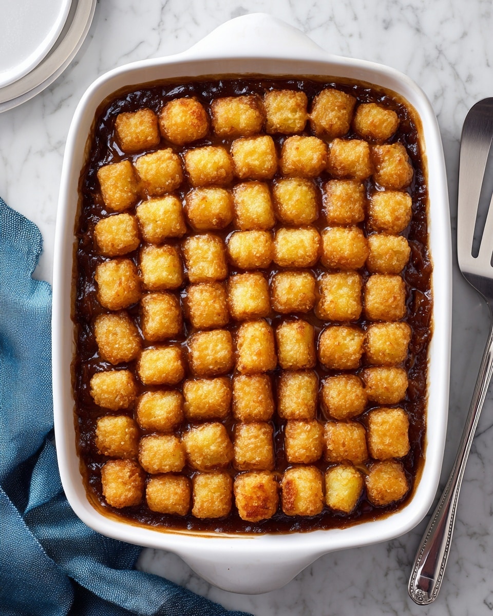 A white rectangular baking dish filled with a neat layer of golden-brown, small cylindrical potato pieces arranged in a 7 by 5 grid on top of a thick, dark brown sauce with a slightly glossy texture. The potatoes have a crispy, textured surface, evenly spaced, and cover the sauce almost completely except at the edges where the sauce is visible. The dish sits on a white marbled surface next to a large metal spatula with a blue cloth draped nearby. Photo taken with an iphone --ar 4:5 --v 7