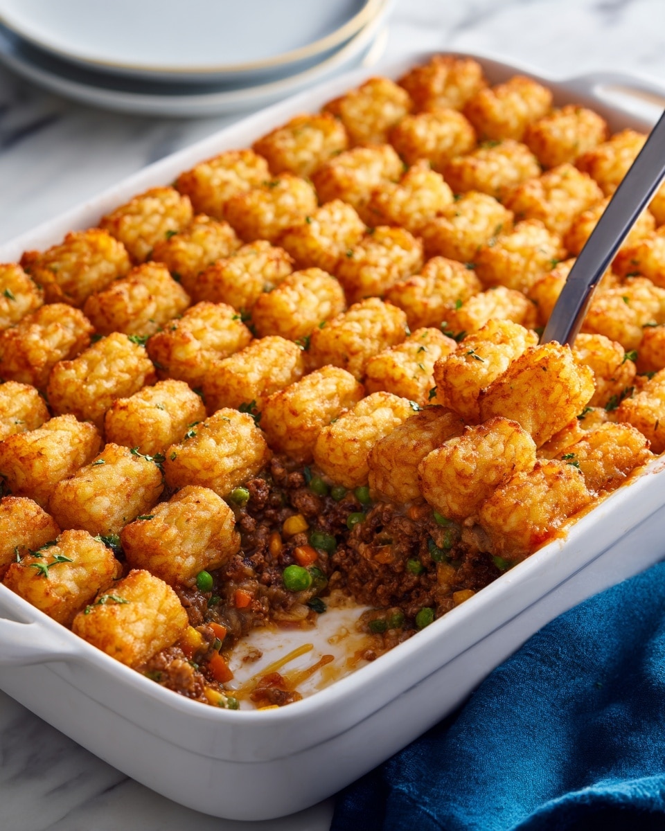 The dish is a rectangular white baking dish filled with a casserole topped with a neat, even layer of golden-brown tater tots arranged in six rows and eight columns. One corner section of the casserole is scooped out, revealing a thick filling with visible peas and bits of meat in a creamy sauce. The tater tots have a crispy, slightly oily texture, and the edges of the dish show browned, baked sauce. The dish is placed on a white marbled surface with a folded blue cloth nearby. Photo taken with an iphone --ar 4:5 --v 7