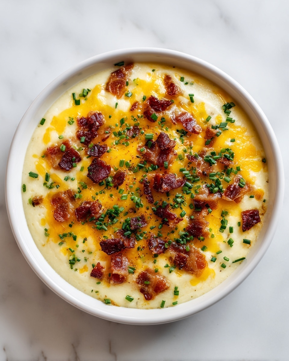 The dish shows a white shallow bowl filled with a creamy light tan base layer that looks smooth and slightly thick, covering almost the entire bowl. On top of this is a layer of melted bright yellow cheese, spread unevenly with some areas thicker and bubbling slightly. Scattered across the cheese are small pieces of crispy dark brown bacon and chopped fresh green herbs, adding texture and color contrast. The edges of the bowl show some browned spots where the cheese met the bowl, giving a baked look. The bowl sits on a white marbled surface. photo taken with an iphone --ar 4:5 --v 7