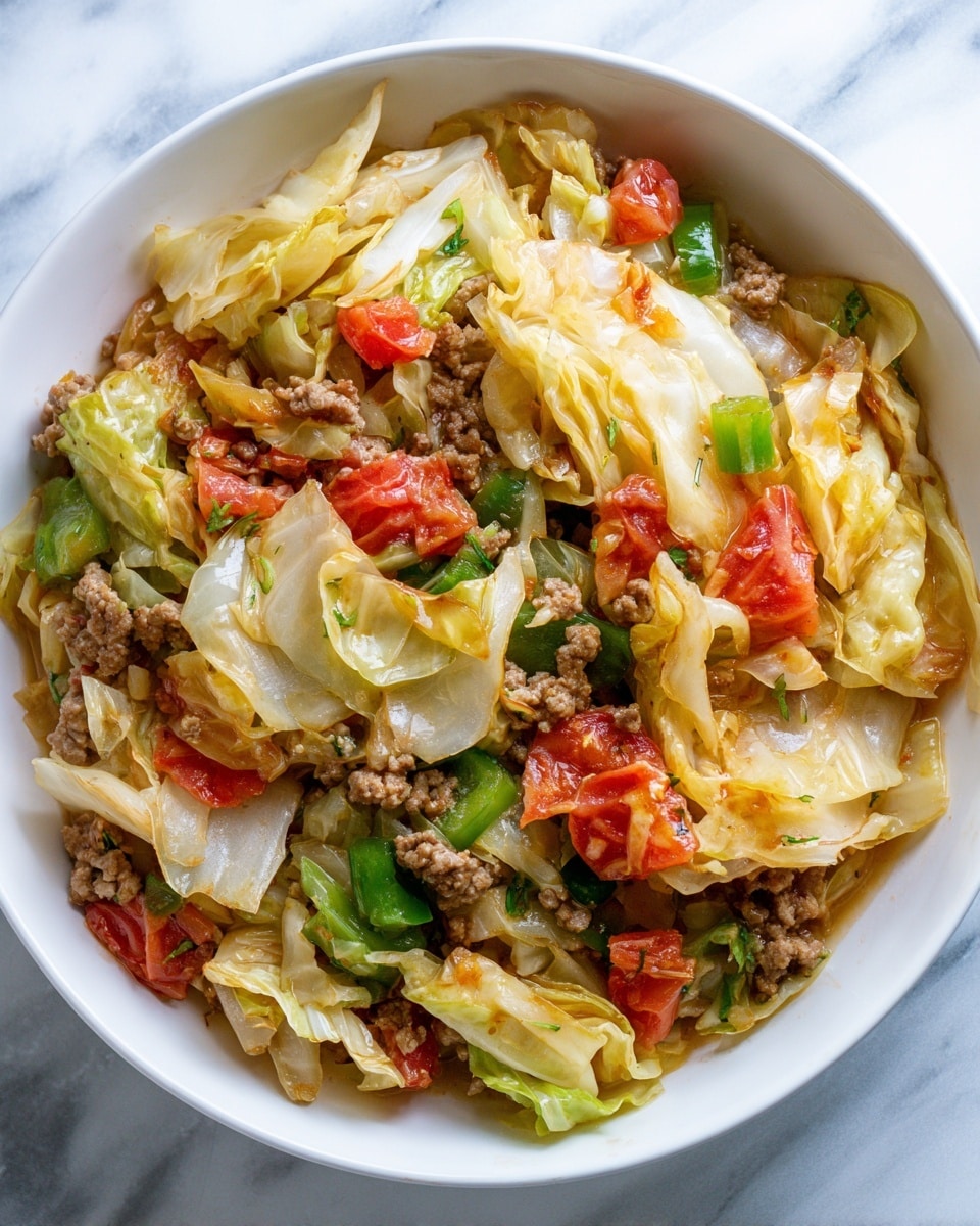 A white bowl filled with a cooked mix of cabbage, green bell peppers, diced tomatoes, onions, and ground meat pieces. The cabbage leaves are light yellow and pale orange with a soft, wilted look, layered thickly throughout the dish. The green bell peppers are soft and muted green, scattered unevenly, while chunks of red tomatoes add a splash of color in between. Some pieces of soft onion add lightness with their pale translucent layers. The dish has some juice pooling at the bottom, giving a slight shine to the vegetables. The bowl rests on a white marbled surface. photo taken with an iphone --ar 4:5 --v 7