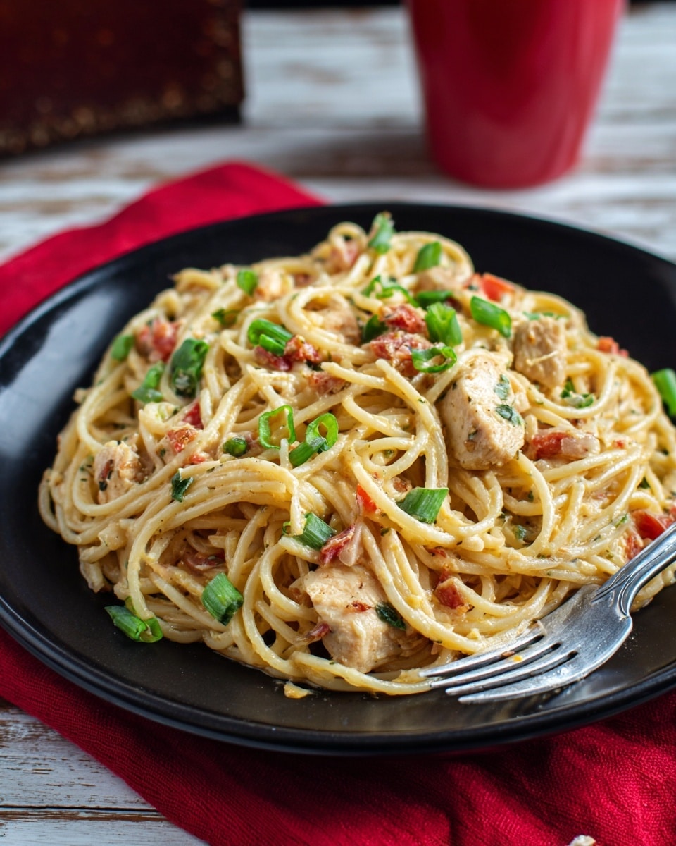 A close-up view of a black round plate filled with a pasta dish on top of a red cloth and white wooden surface. The pasta is light beige with a smooth texture, mixed with small chunks of white meat, likely chicken, and bits of red tomato. Scattered green onion pieces rest on top, adding bright green color. A silver fork is placed on the right side of the plate, with the fork prongs piercing the pasta and chicken. The setting includes a blurry red cup in the background on a white wooden surface. photo taken with an iphone --ar 4:5 --v 7