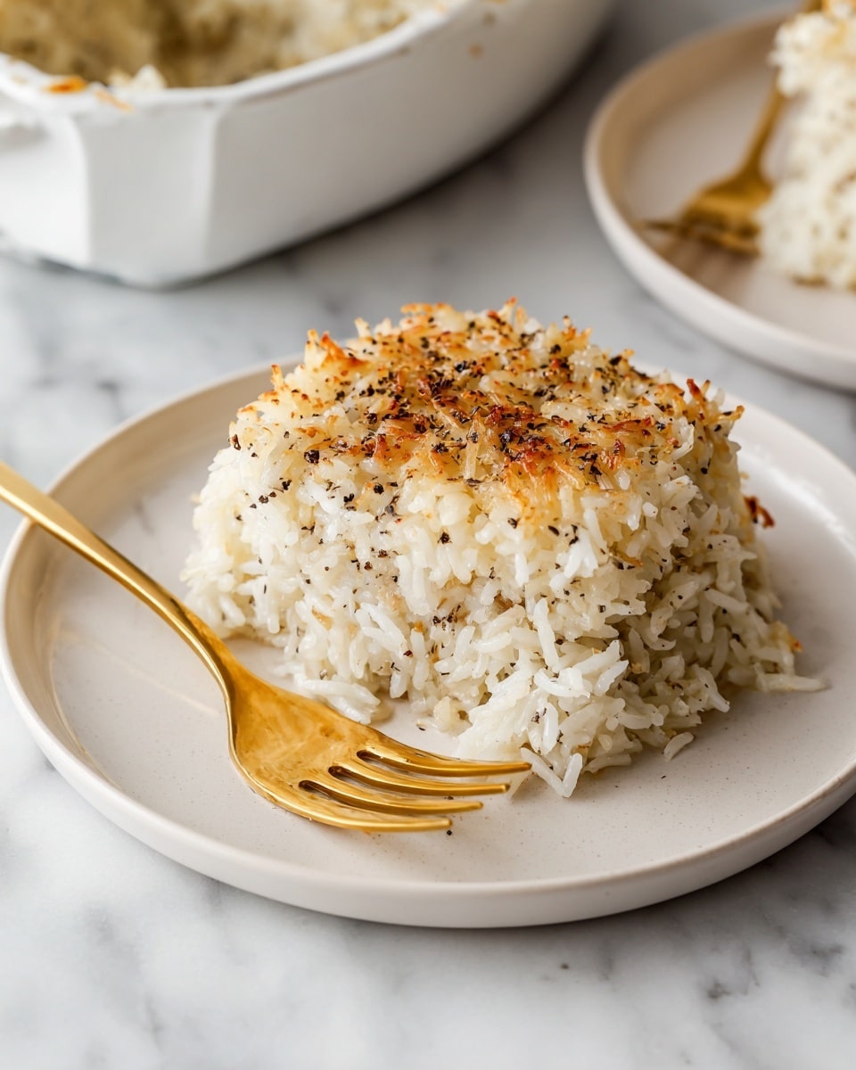 A white baking dish filled with a creamy, golden-brown baked casserole, with a slightly crispy top layer dotted with small browned spots and thin strands of cooked, translucent onions. Underneath this top layer, the casserole looks thick and soft, with visible texture from the melted ingredients. A gold spoon rests inside the dish, scooping out a portion from one corner, showing the layers inside that are slightly lighter and smooth. The dish is placed on a white marbled surface. photo taken with an iphone --ar 4:5 --v 7