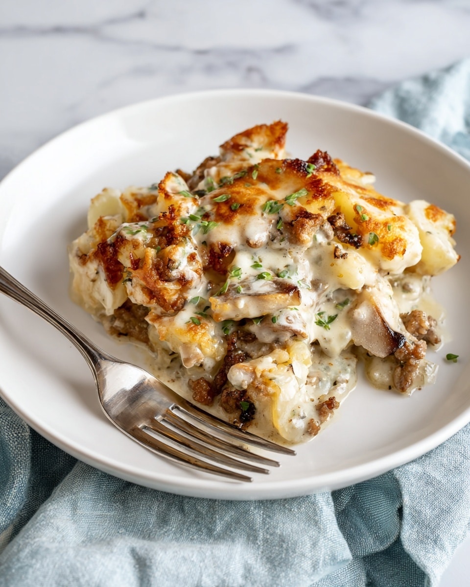 A close-up of a white plate holding a mixed dish with about three main layers, where the bottom and top layers are uneven chunks of creamy white potatoes with light brown crispy edges, and the middle layer is a blend of small brown bits of meat and some green herbs, combined together with a thick, light beige creamy sauce. A shiny silver fork lies on the left side of the plate. The plate is set on a white marbled surface with a soft blue and white cloth partially visible. Photo taken with an iphone --ar 4:5 --v 7
