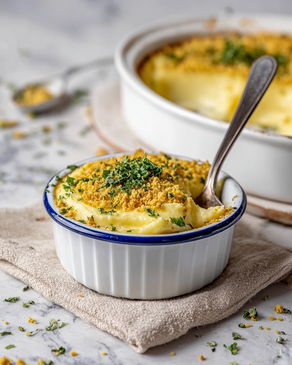 The image shows a close-up view of a baked mashed potato dish in a clear glass baking dish. The dish has two main layers visible: a thick, fluffy, creamy mashed potato base mixed with small green herb pieces and a slightly browned top layer with a light golden crust and scattered herbs. A metal spoon is lifting a scoop of the mashed potatoes, displaying its soft, airy texture mixed with visible herb flecks. The dish sits on a surface with a white marbled texture. photo taken with an iphone --ar 4:5 --v 7
