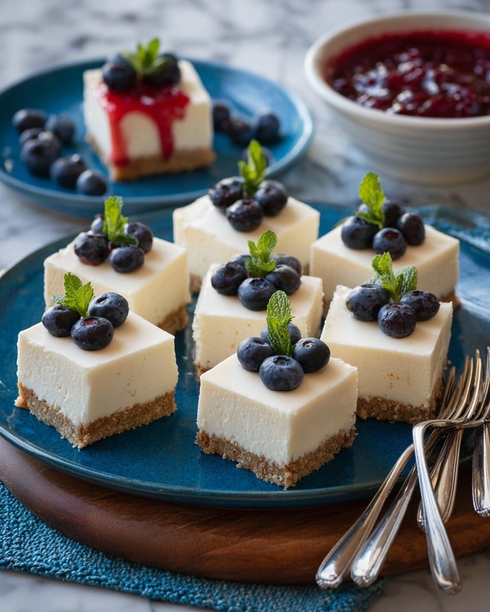 A blue plate holds six square cheesecake pieces, each with two layers: a light brown crumb base and a thick, smooth white cream top layer. Each piece is decorated with three to five blueberries and a small green mint leaf on top. The plate sits on a blue cloth on a wooden board, with three silver forks nearby. In the background, there is a white bowl filled with red berry sauce and a blue plate with one cheesecake piece topped with berry sauce and a mint leaf, all placed on a white marbled surface. Photo taken with an iphone --ar 4:5 --v 7