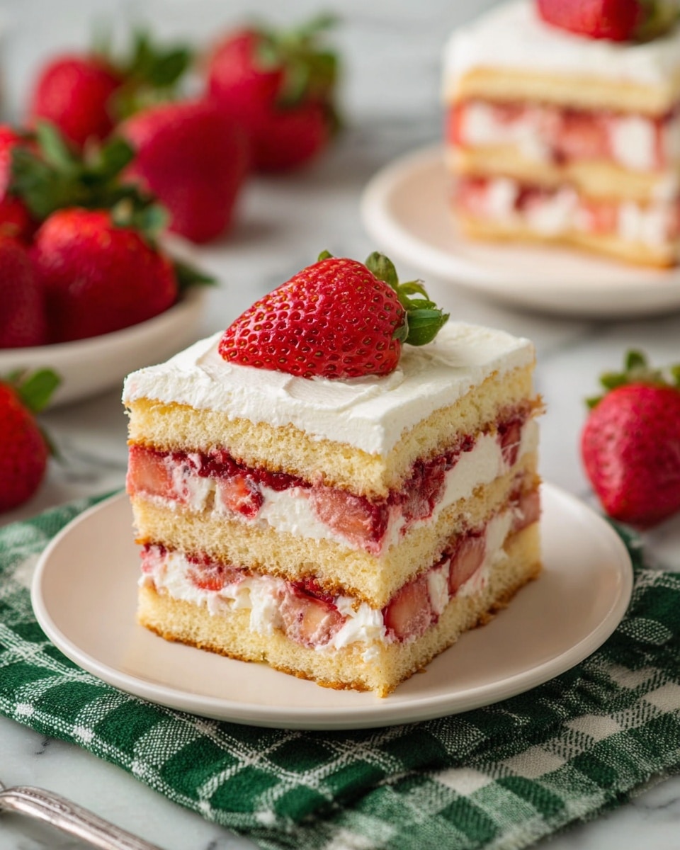 A white baking dish holds a layered strawberry dessert with four visible layers: a base layer of light sponge cake soaked with red strawberry juice, a layer of creamy white filling mixed with pieces of strawberries, a second sponge cake layer, and a thick top layer of smooth, white creamy frosting. Thinly sliced strawberries border the top edge of the dessert, and a whole sliced strawberry decorates the top center with a small green mint leaf beside it. The dish is placed on a green checkered cloth on a white marbled surface, with two whole strawberries nearby. Photo taken with an iphone --ar 4:5 --v 7