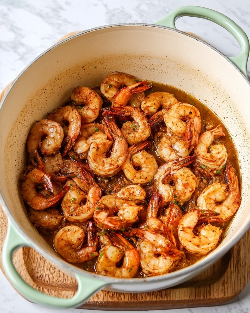 The image shows a single layer of cooked shrimp in a white pot with light green handles. The shrimp have a pink-orange color with some charred brown edges, and they are slightly curled, sitting in a browned sauce coating the bottom of the pot. The pot is placed on a wooden board, and the background is a white marbled surface. photo taken with an iphone --ar 4:5 --v 7