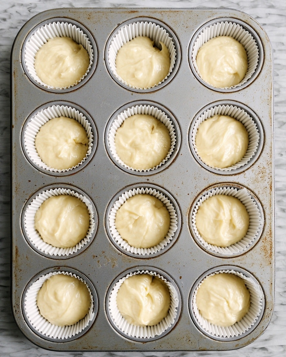 A metal muffin tray with twelve round cups, each holding a white paper liner filled halfway with pale yellow cupcake batter that looks smooth and creamy, with soft peaks and small bubbles visible on the surface. The tray shows some wear with faint rust marks and scratches. The image is taken on a white marbled texture surface. photo taken with an iphone --ar 4:5 --v 7